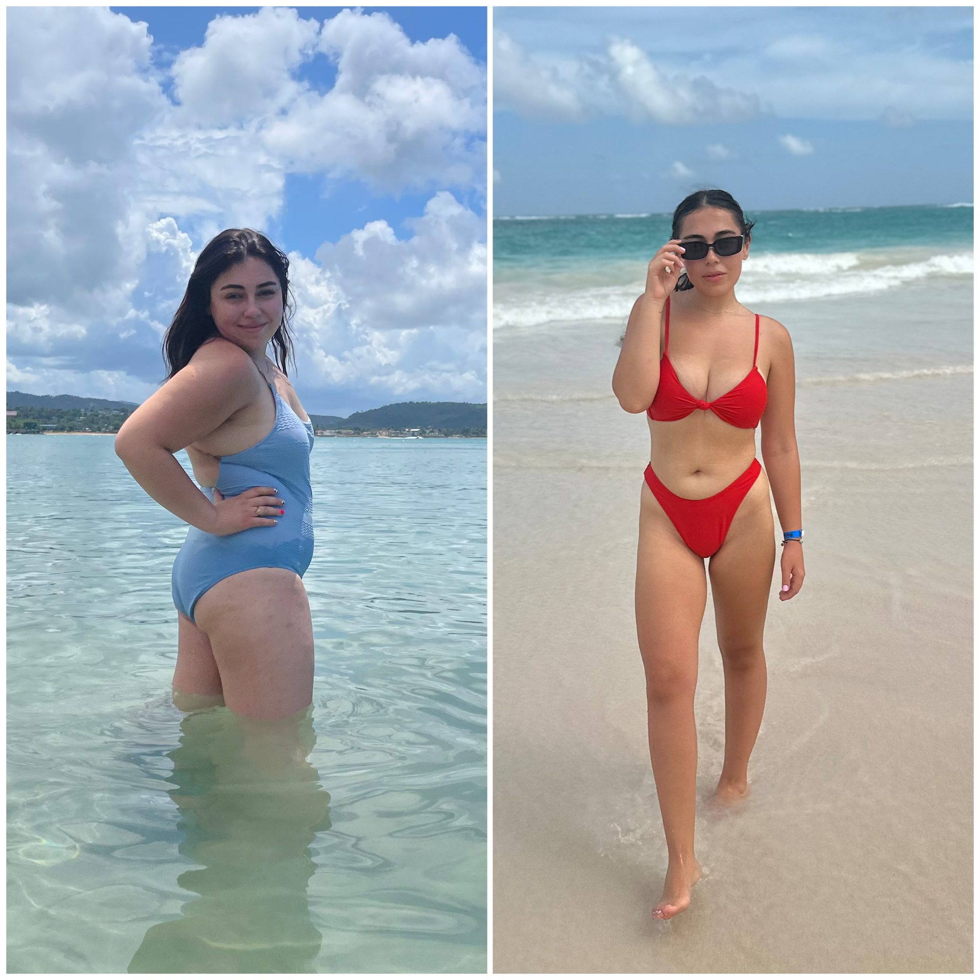 Two women at the beach, one standing in shallow water on the left wearing a blue swimsuit, and the other standing on sand in a red bikini with sunglasses on the right.