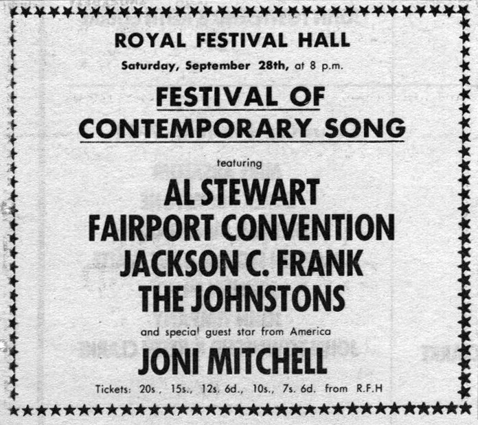 Royal Festival Hall poster advertising the Festival of Contemporary Song, 28 September 1968, featuring Jackson C. Frank, Joni Mitchell, Fairport Convention, Al Stewart and The Johnstons.