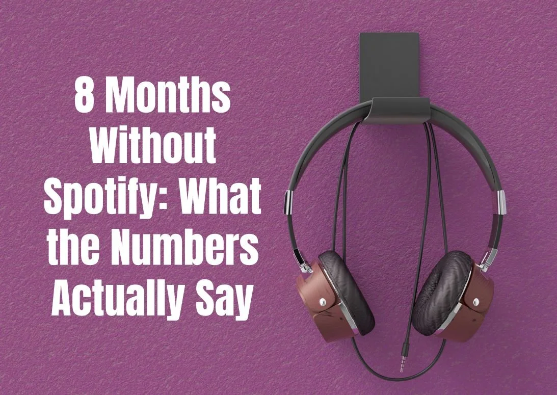 A pair of old-fashioned headphones hang on a purple wall with the words overlayed: 8 Months Without Spotify What the Numbers Actually Say