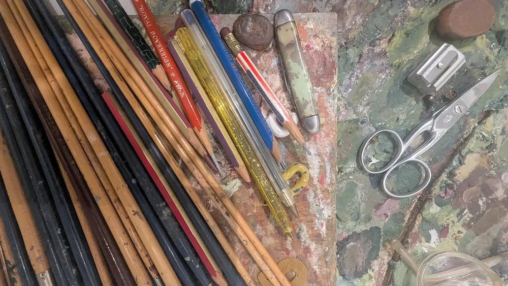 The art tools that Stanley Spencer used, including paint brushes, pens, pencils, scissors, a pencil sharpener and a rubber. Taken at the Stanley Spencer Gallery in Cookham.