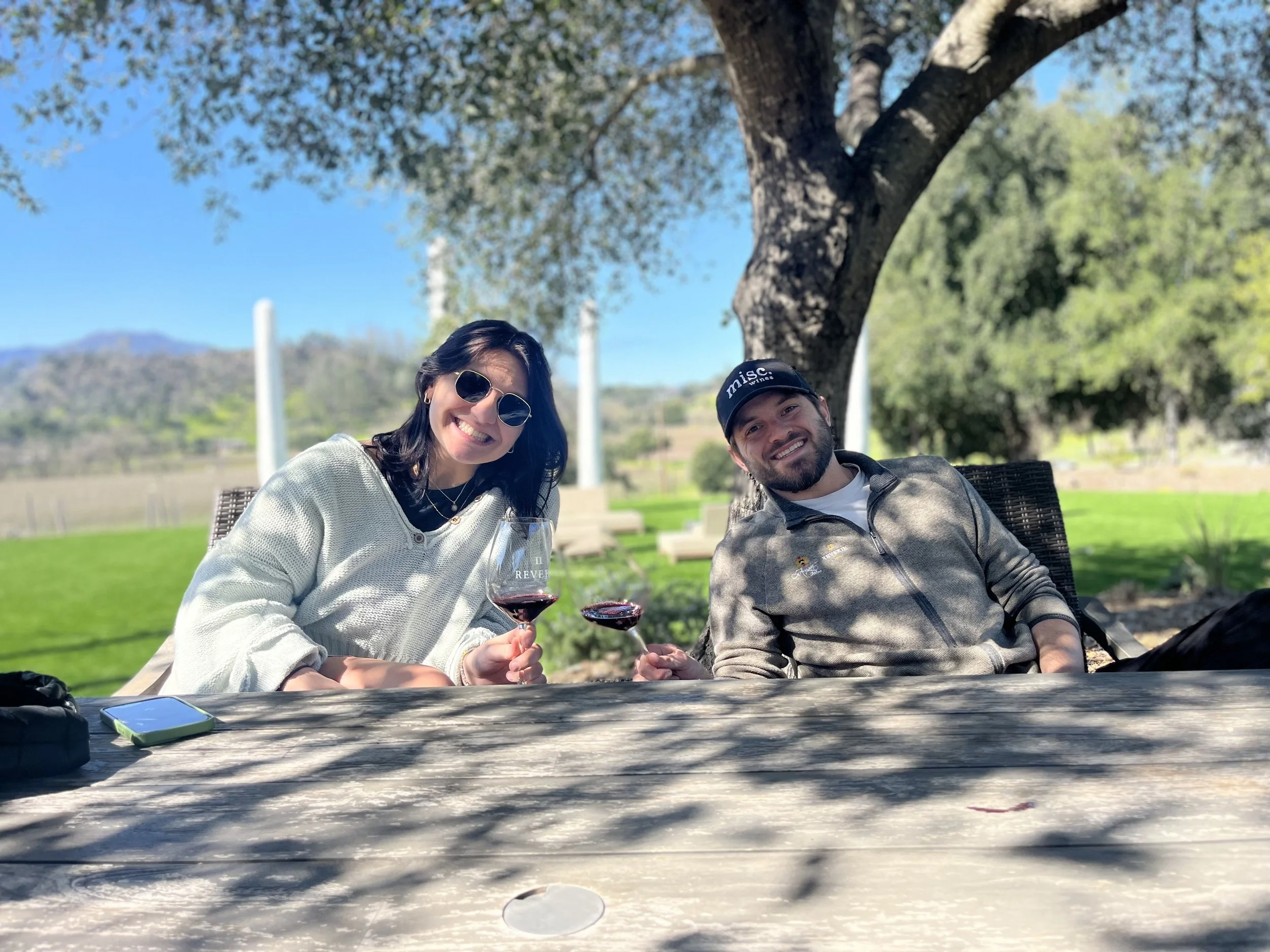 Two people sitting outdoors at a table, holding glasses of red wine, smiling, with a tree and green landscape in the background.