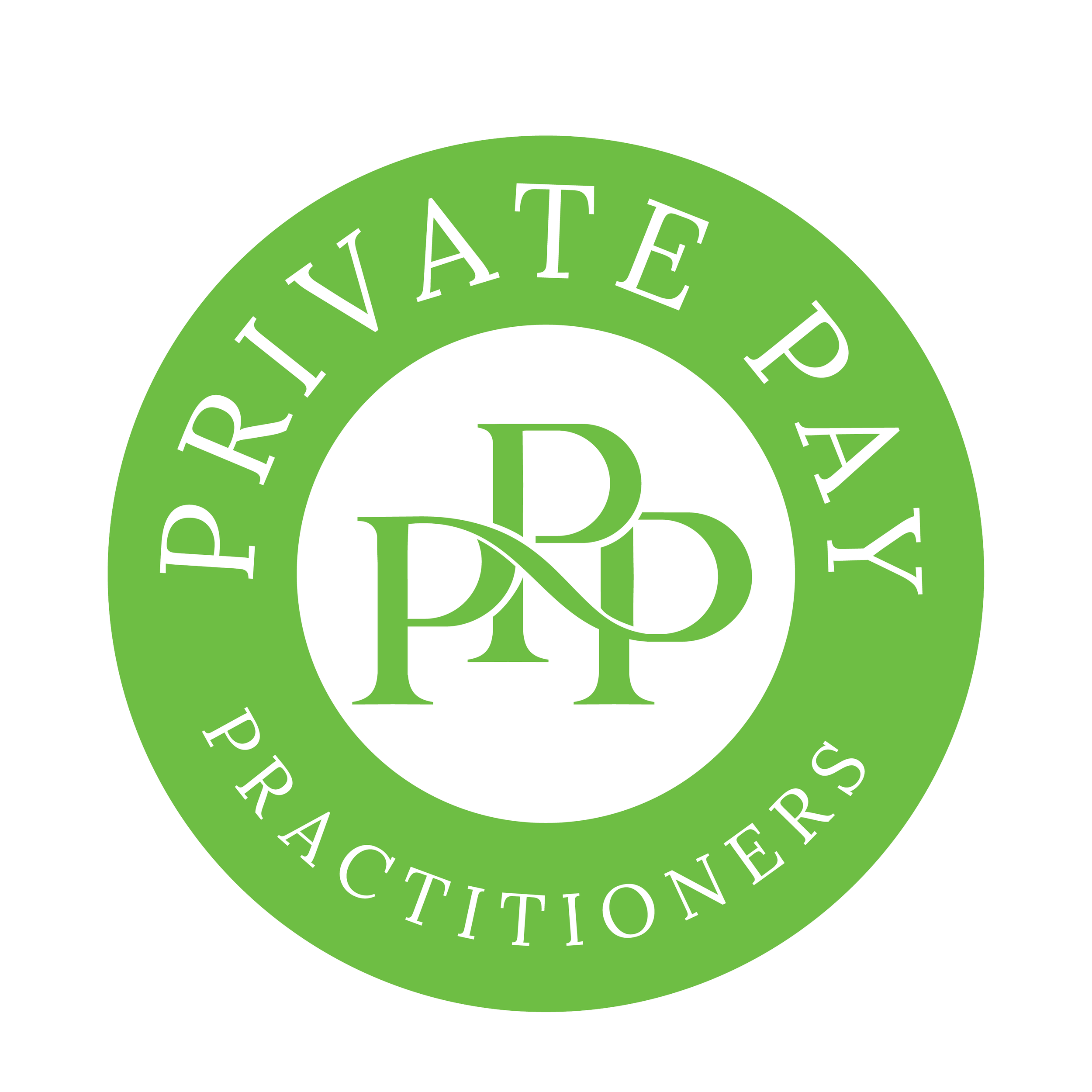 Close-up of a circular logo with a green background and white text that says "Private Pay Practitioners."