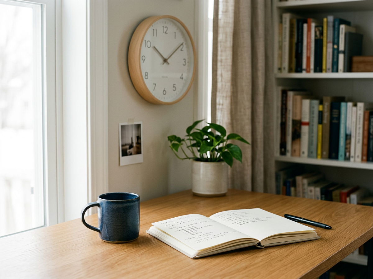 Cozy home office desk with a wall clock, open planner notebook, potted plant and coffee mug, representing a therapist's first 90 days plan in private pay