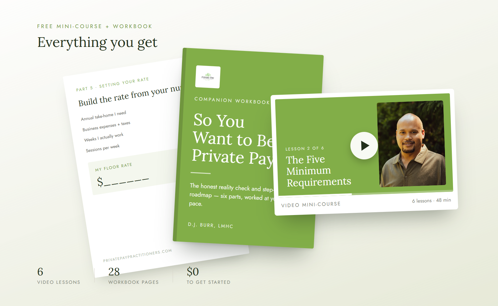 Multiple digital course materials related to private pay, including a green workbook titled 'So You Want to Be a Private Pay', a video lesson thumbnail featuring DJ Burr, Founder of Private Pay Practitioners.
