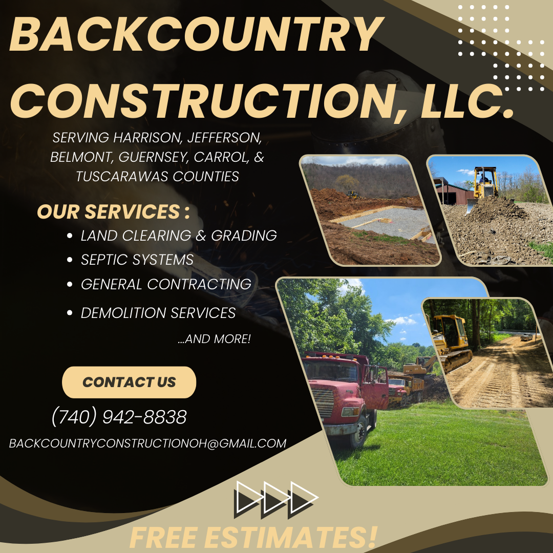 Flyer for Backcountry Construction LLC showing images of land clearing, grading, septic systems, and demolition work, with service details, contact information, and a call for free estimates.