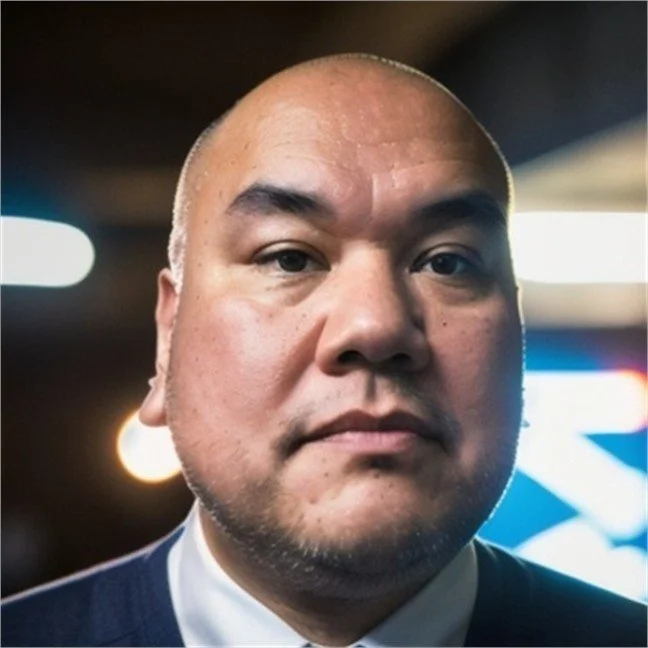 Close-up of a man's face with a serious expression, bald head, and wearing a dark suit and white shirt, with blurred lights in the background.