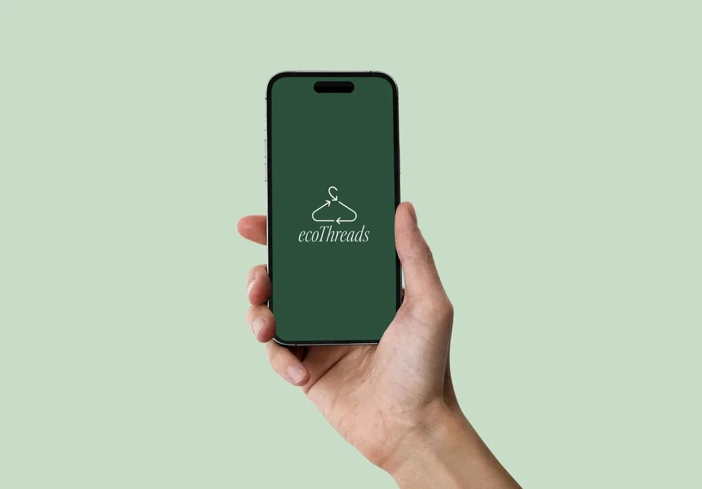 EcoThreads app shown on a phone against a pale green background
