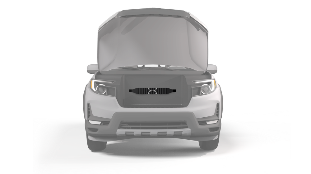 FrunkFlex concept rendering showing a car with its front trunk open