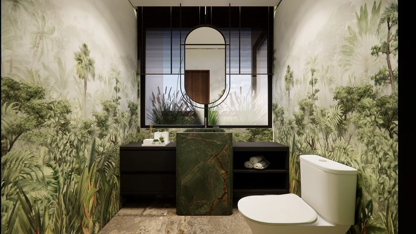 Luxo e sofistica&ccedil;&atilde;o em cada detalhe.
Este lavabo, localizado em uma cobertura, foi pensado para surpreender: a pedra verde traz impon&ecirc;ncia, o papel de parede tropical envolve o espa&ccedil;o e o espelho suspenso amplia a sensa&cce