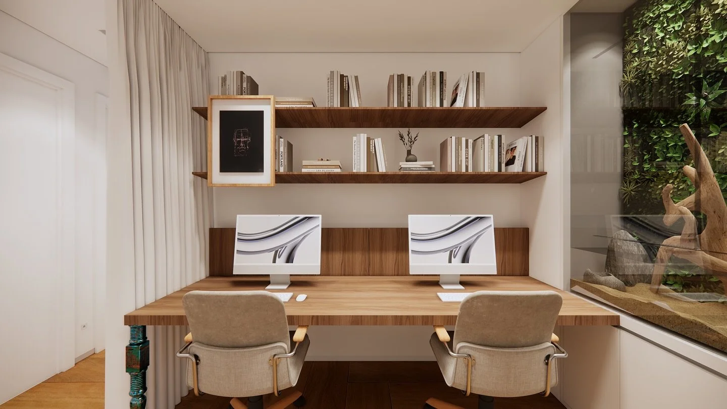 Integra&ccedil;&atilde;o com leveza e personalidade ✔️
⠀
O home office do Apto SS se conecta &agrave; &aacute;rea social por meio de portas de serralheria com vidro, garantindo privacidade quando necess&aacute;rio e mantendo a sensa&ccedil;&atilde;o 