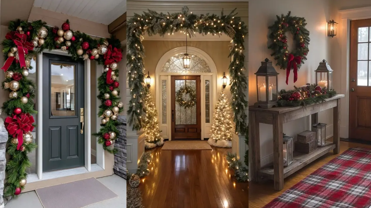 Decoração de Natal na entrada de uma casa, com guirlandas e luzes, árvore de Natal na sala, e uma mesa decorada com velas e enfeites natalinos.