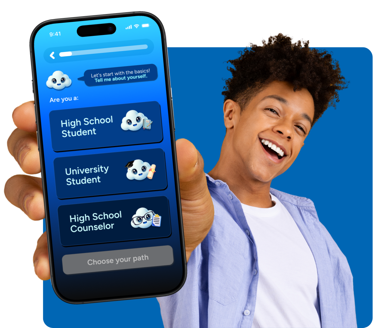 A person holding a smartphone displays a screen with a career path selection app, showing options for high school student, university student, and high school counselor, with a smiling person in the background.