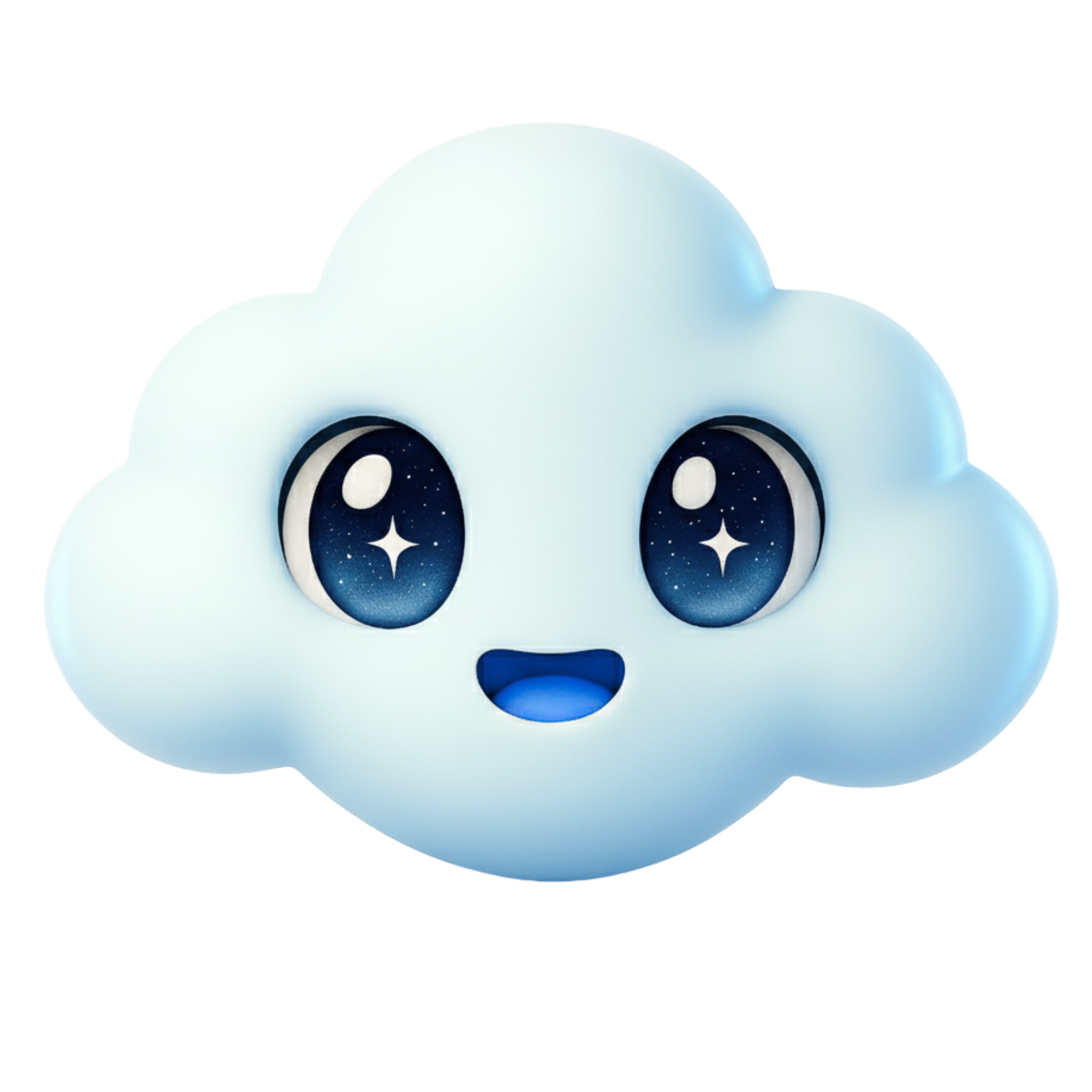 A cute cartoon cloud character with big blue starry eyes and a small smiling mouth.