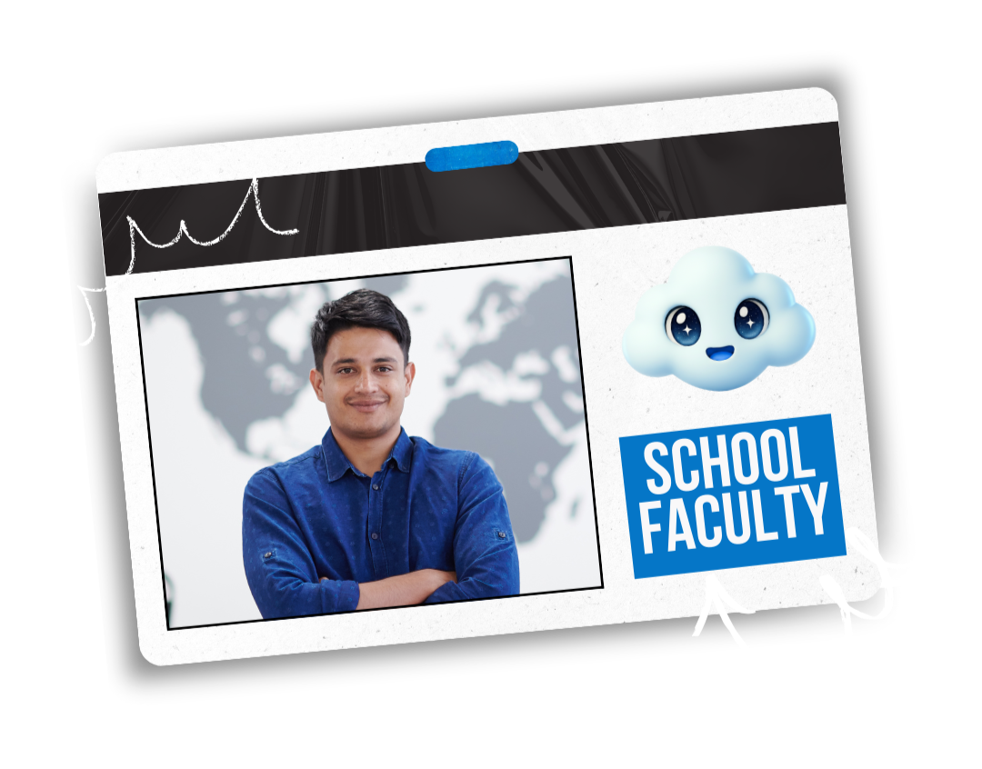 A school ID badge featuring a young man in a blue shirt, a background with a world map, a cute animated cloud, and the text "School Faculty".