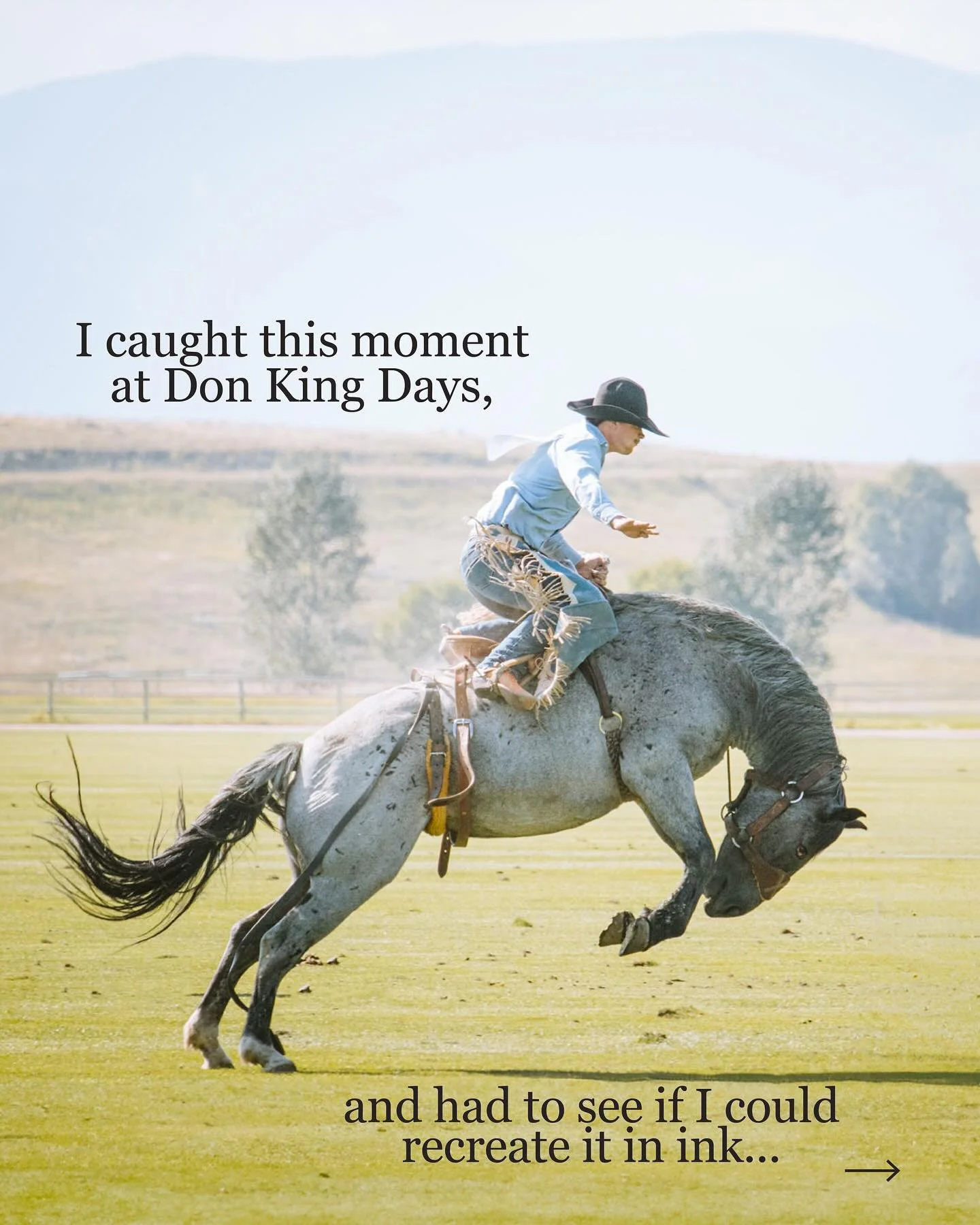 Finally got to attend my first Don King Days! Broncs, roping, and polo on an open field with the Big Horns as a backdrop. I had to bring my camera and grab a few pictures to draw later.

#WesternArt
#wyoming 
#EquineArt
#broncriding 
#rodeo