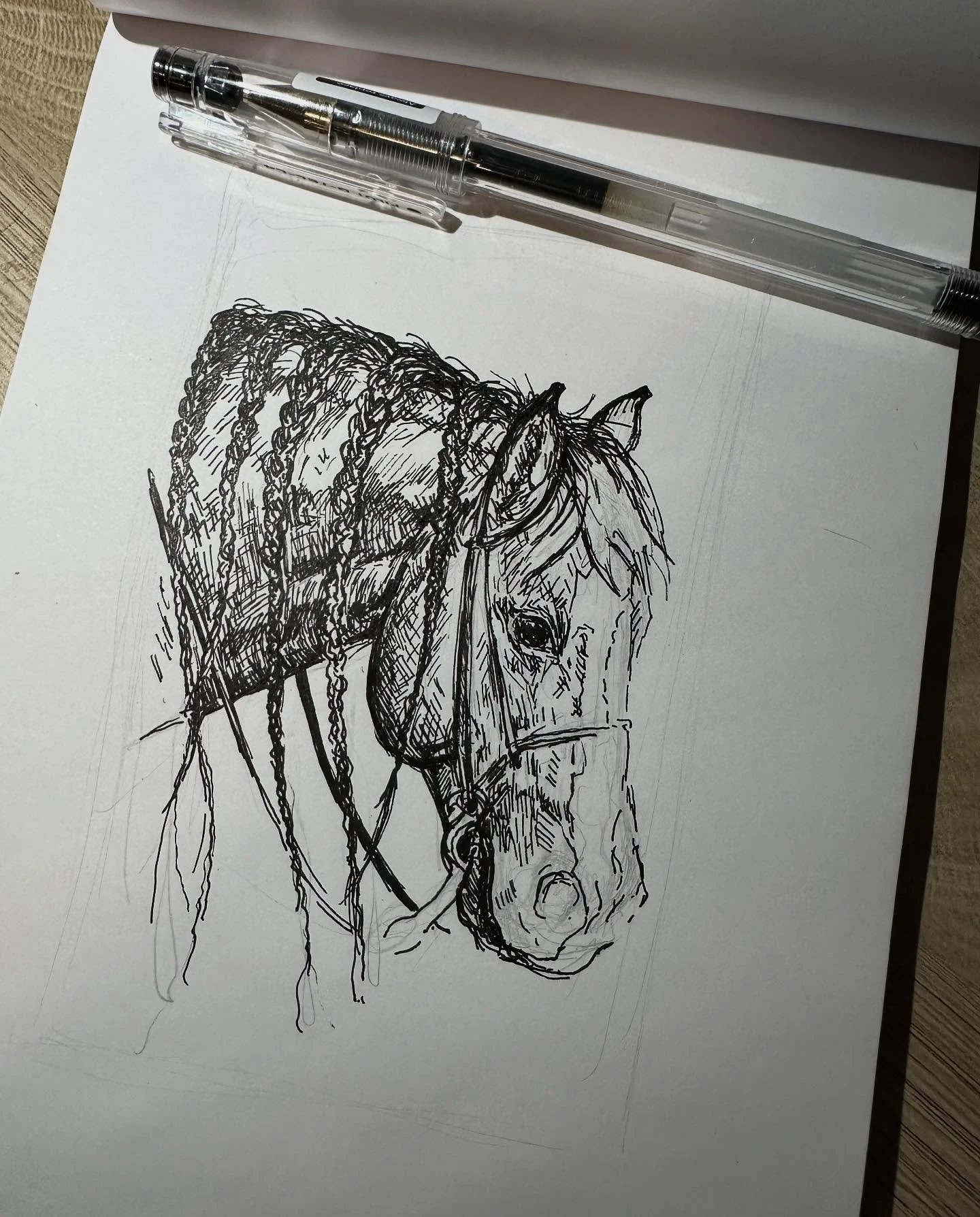 75% finished quarter horse head sketch. Sometimes I start to chicken out at the end of sketches and get worried my last few lines are going to ruin the whole thing (it&rsquo;s happened before and will happen again) 
.
.
. #equineart #aqha #reininghor
