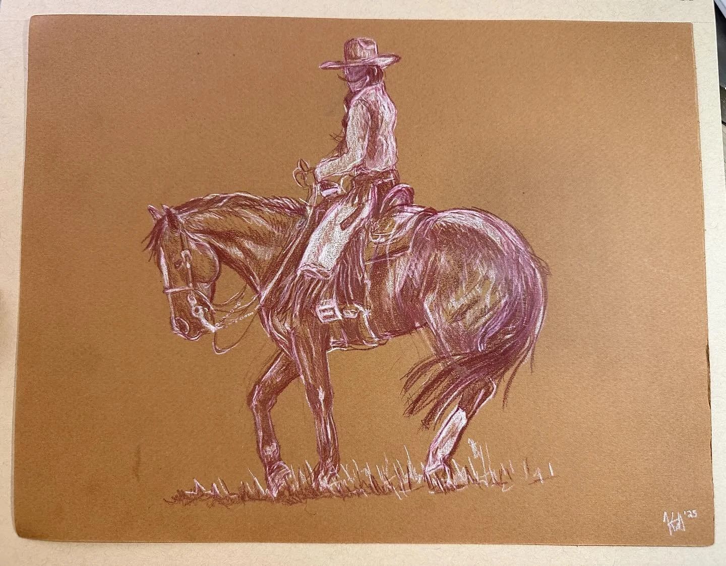 &ldquo;Collect&rdquo; - SOLD. Colored pencil on toned paper. Based on a photo I took many moons ago of @eden.elizabethh Limited run of prints coming soon 🧡
.
.
. #westernart #cowhorse #reinedcowhorse #cowgirl #aqha #ranchhorse