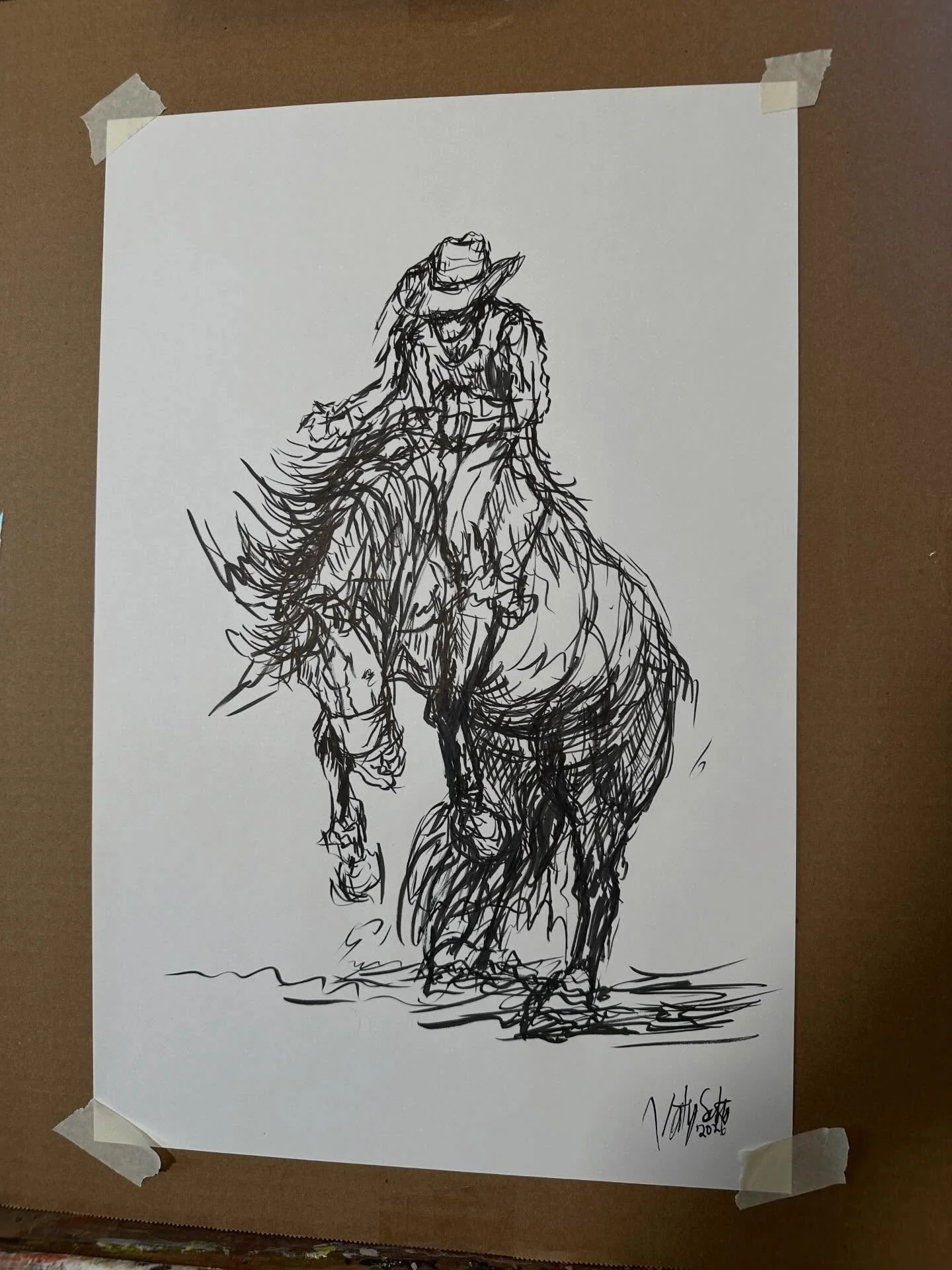 Happy to be back at my desk in my new studio space. Life&rsquo;s been a little crazy lately so here&rsquo;s a messy bronc sketch to match the vibe. 12x19&rdquo; India ink on paper. Available through my website. 
.
.
. #rodeo #yellowstone #equineart #