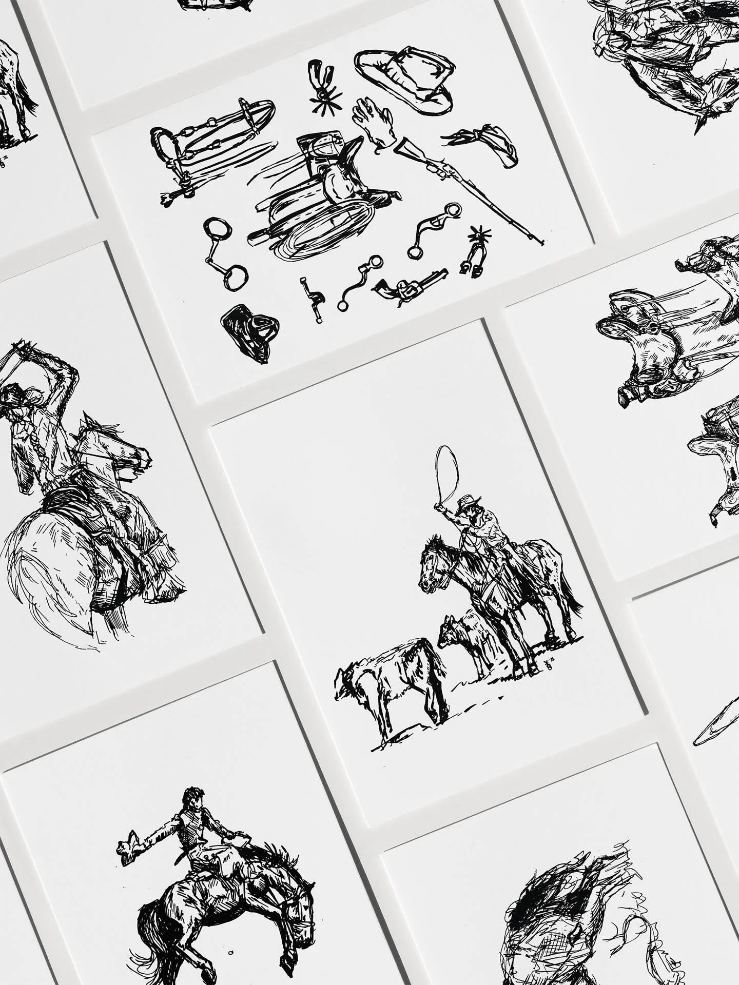 Greeting card sets are coming this Thursday, June 4th! Featuring six hand-drawn designs, each set includes 12 cards and envelopes (2 of each design). Cards measure 4.25&rdquo; x 5.5&rdquo;. 
.
.
. #rodeo #equineart #sketchbook #westernart #cowboy