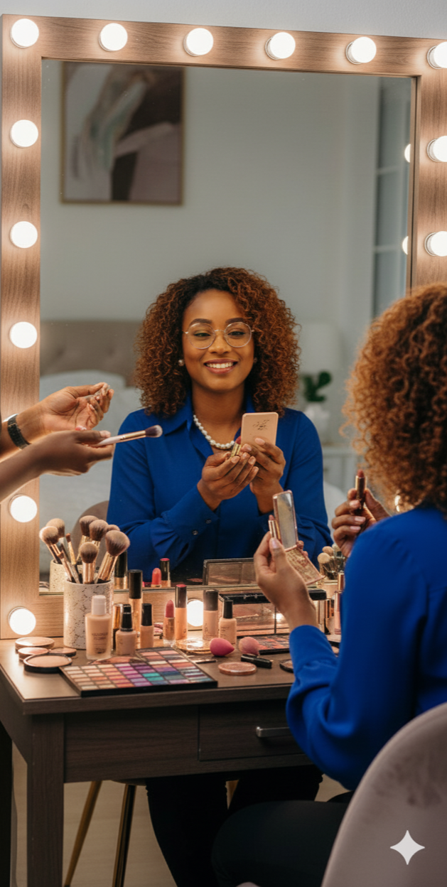 A woman with curly hair and glasses is sitting at a makeup vanity, smiling while looking at her phone. She is wearing a blue shirt, and there are makeup brushes, eyeshadow palette, and cosmetics on the table. The mirror behind her has round lights around it.