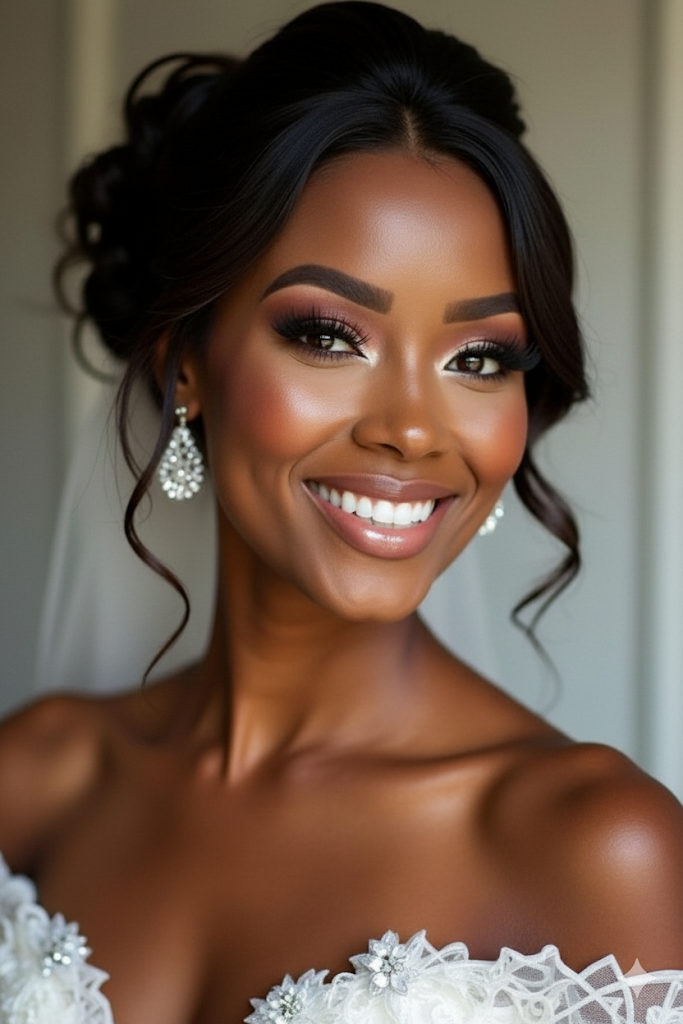 Close-up portrait of a smiling woman with makeup and earrings, dressed in a wedding gown with lace details.