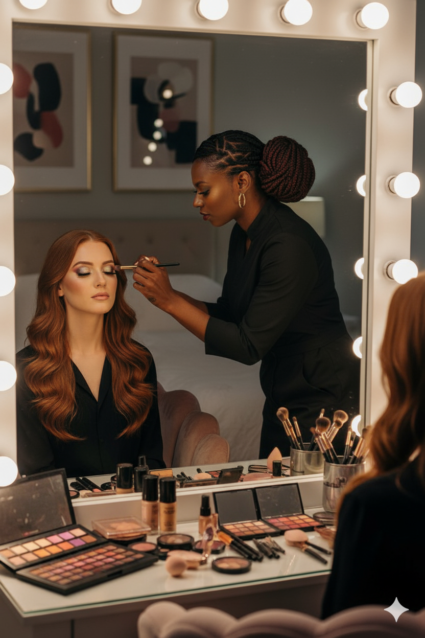 A woman with long wavy red hair sitting in front of a mirror getting her makeup done by a makeup artist. The mirror is surrounded by bright vanity lights. The makeup artist is applying eye makeup with a brush, and there are various makeup products and brushes on the table in front of them.