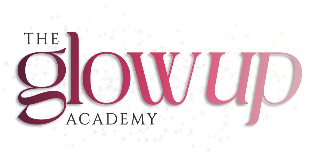 The word "glowup" written in large pink text over a background of white stars and scattered sparkles.