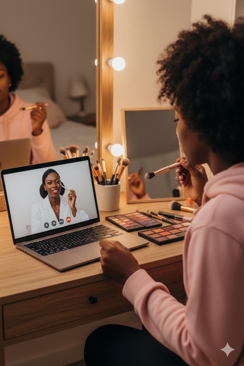 A woman applying makeup while on a video call with another woman on her laptop, with a mirror and makeup supplies on a wooden vanity.