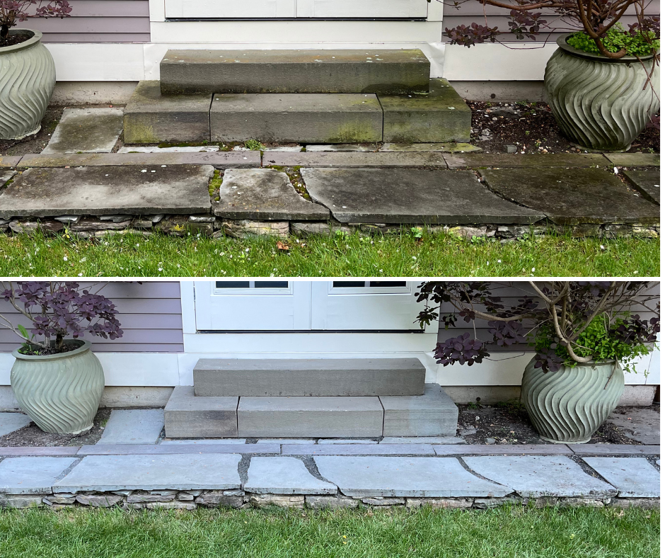 Before and after images of a porch step renovation. The top image shows worn, moss-covered, and uneven stone steps, while the bottom image shows new, clean, and evenly laid stone steps. Two large planters with plants are on either side of the steps.