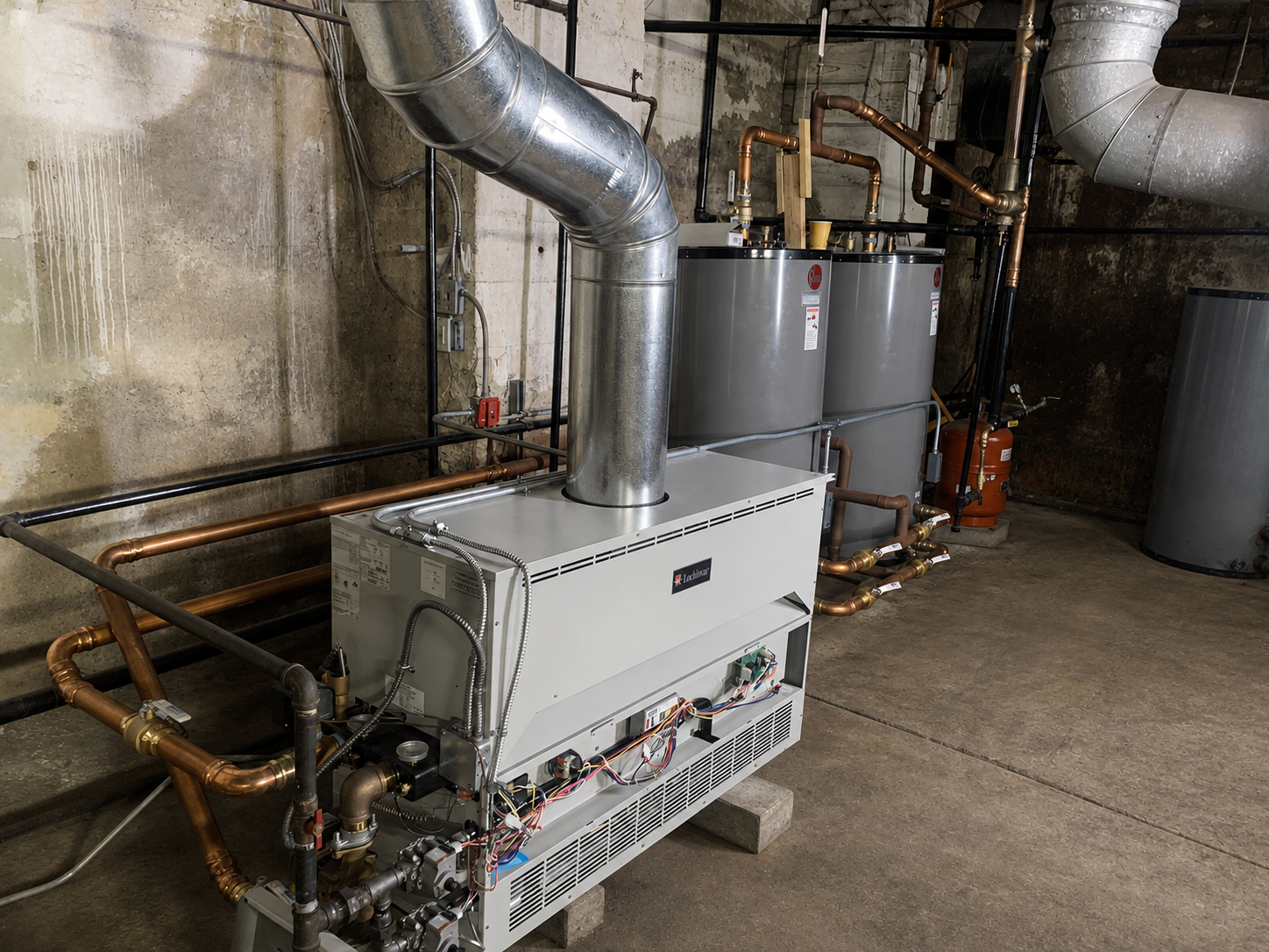 Commercial boiler installation with dual hot-water storage tanks and copper piping in Rockland County, NY