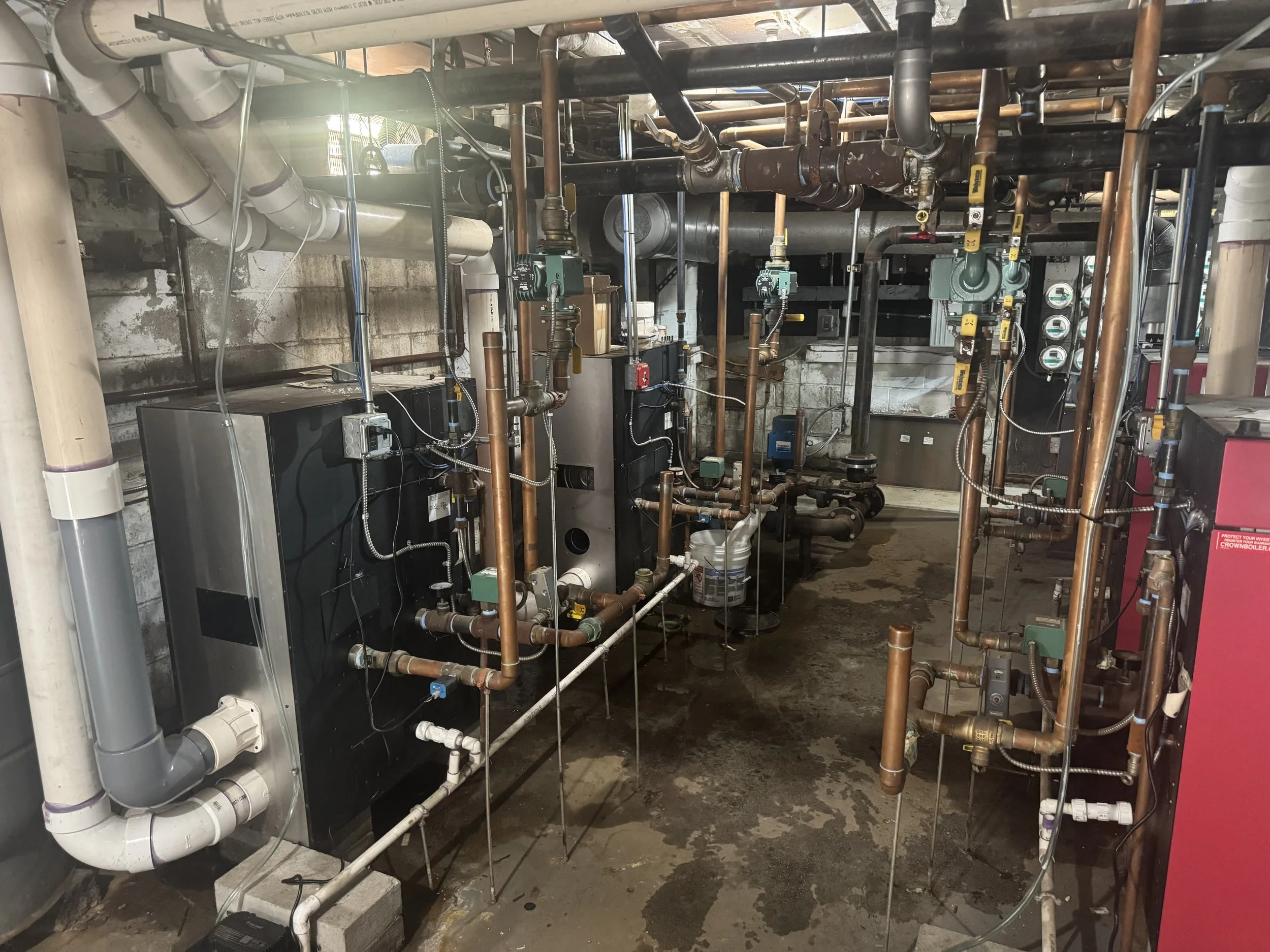 Commercial hydronic heating equipment with circulator pumps, valves and distribution piping