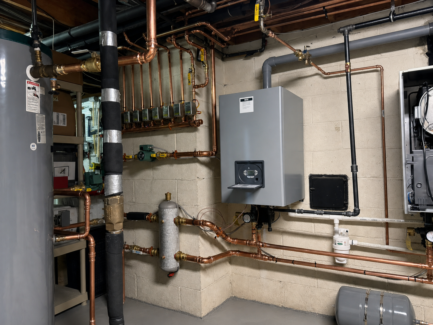 High-efficiency boiler installation with multi-zone hydronic heating piping and controls in Rockland County, NY