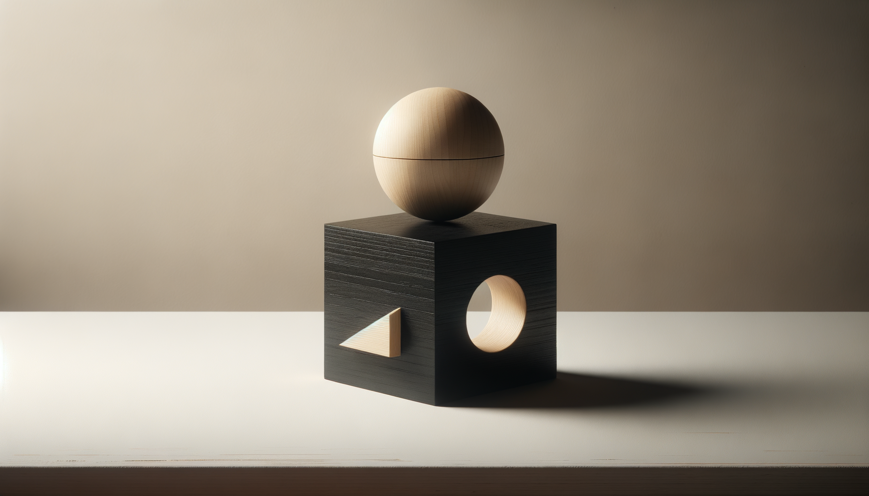 Abstract composition of a black rectangular block with various cutouts, a small triangular piece, and a spherical wooden object balanced on top, set against a neutral background with soft lighting.
