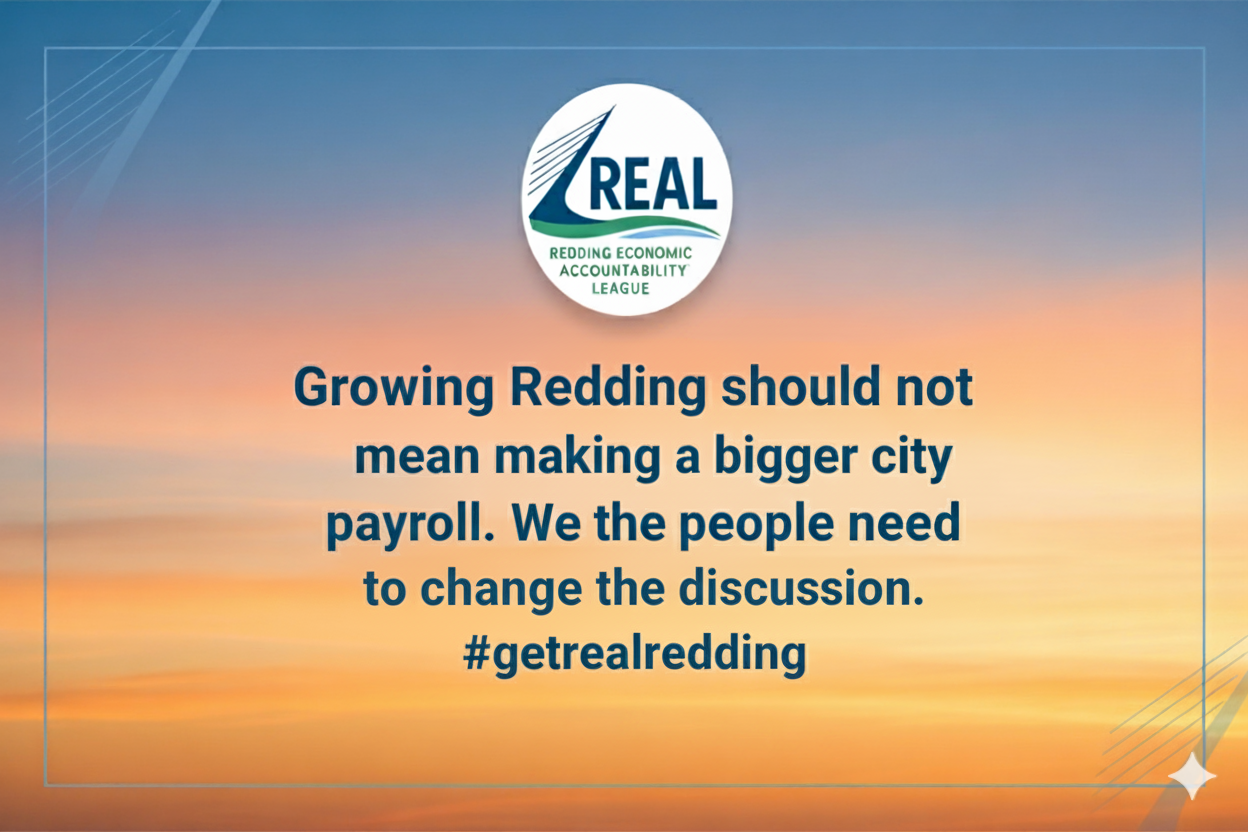 A social media post from the Redding Economic Accountability League with a sunset background, showing the organization's logo and a message about urban growth and city payroll.