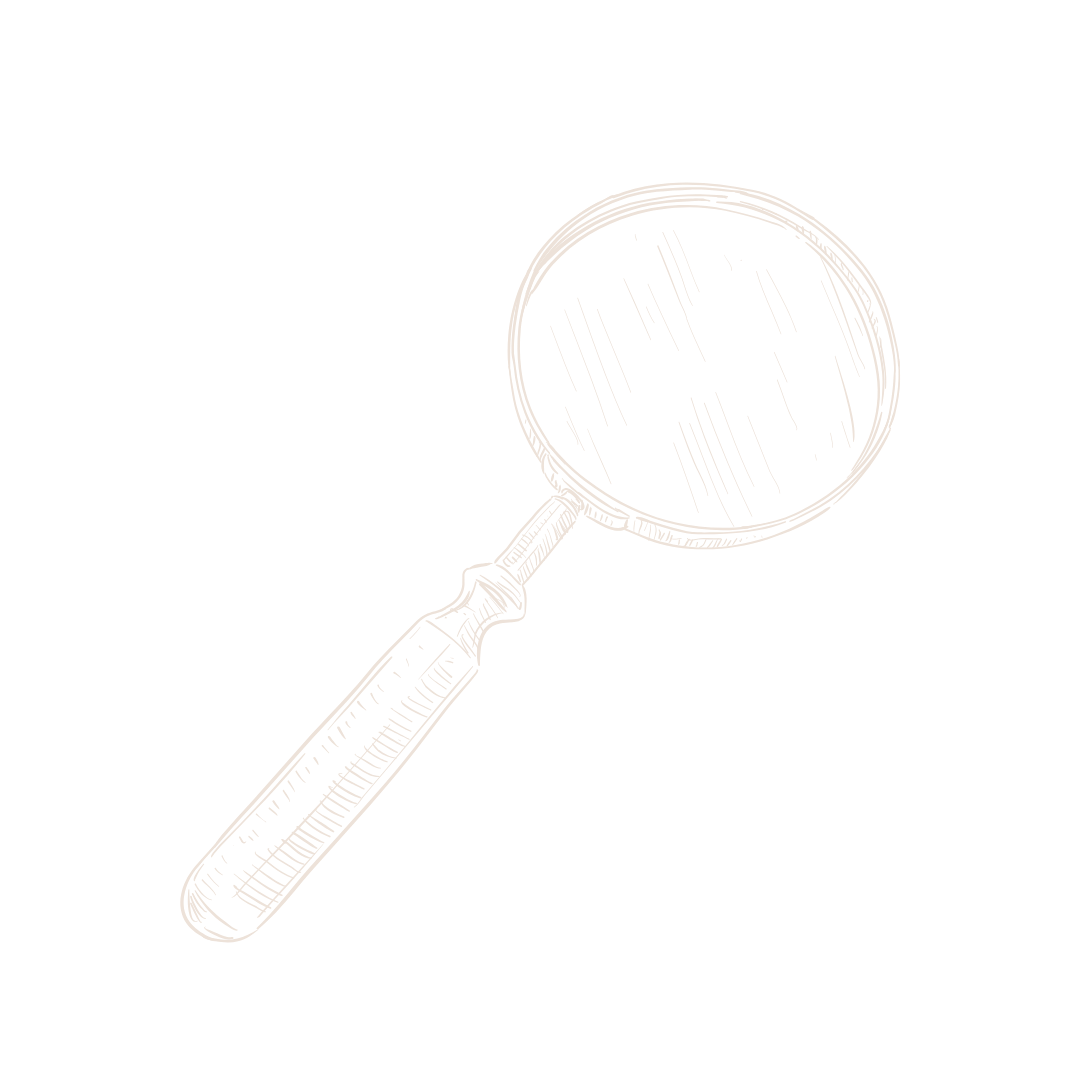 A black and white sketch of a magnifying glass with a round lens and a textured handle.