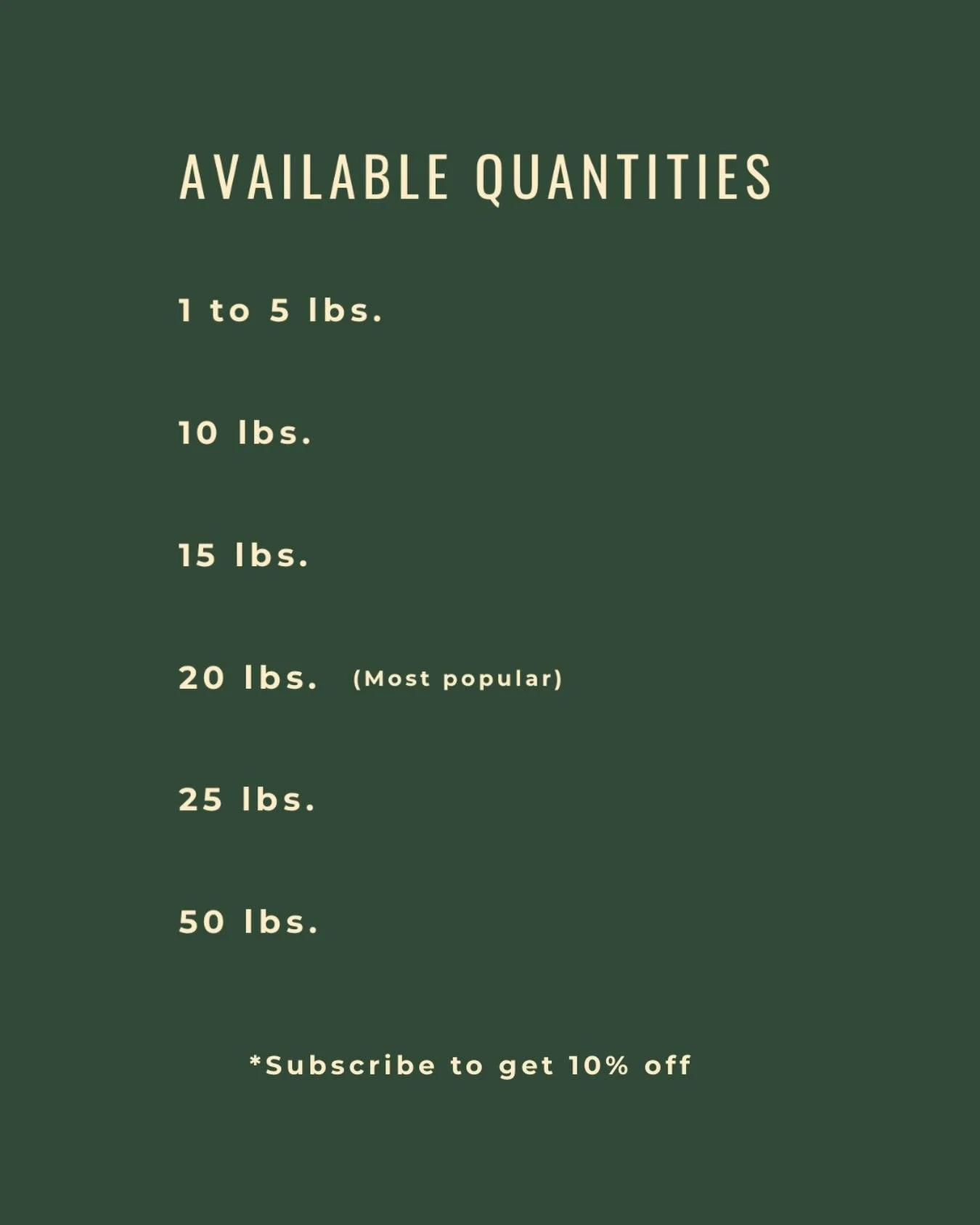 No matter where you are in your roasting journey &mdash;
we have your quantity. 🌱

1 to 5 lbs. for the home roaster.
Up to 50 lbs. for the micro-roasting pro.

And if you&rsquo;re a regular?
Subscribe and save 10% on every order. 🤝

First time orde