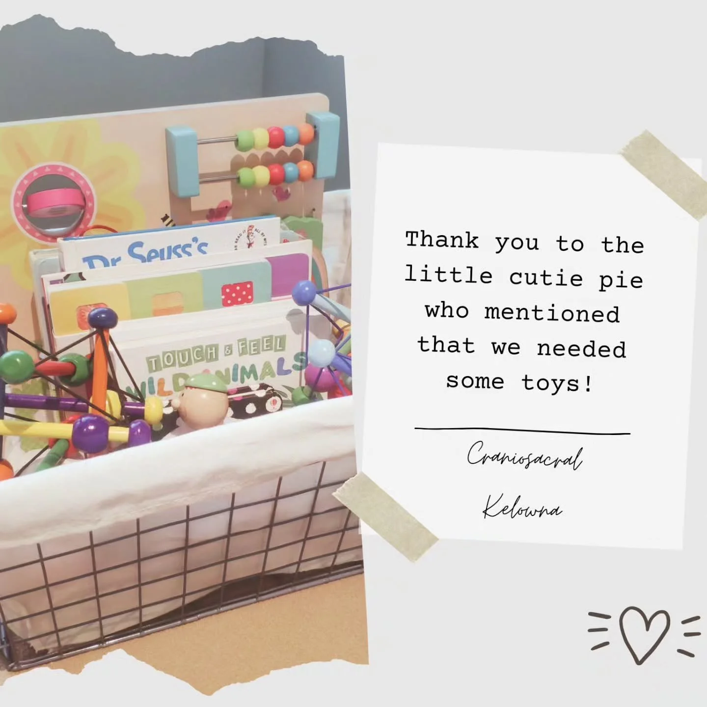 One of my smallest clients showed me that a little basket of toys can make a giant difference in feeling comfortable during a craniosacral session. 

Thank you 🥰
.
.
.

#craniosacralkelowna #craniosacraltherapy #infantcraniosacraltherapy #biodynamic