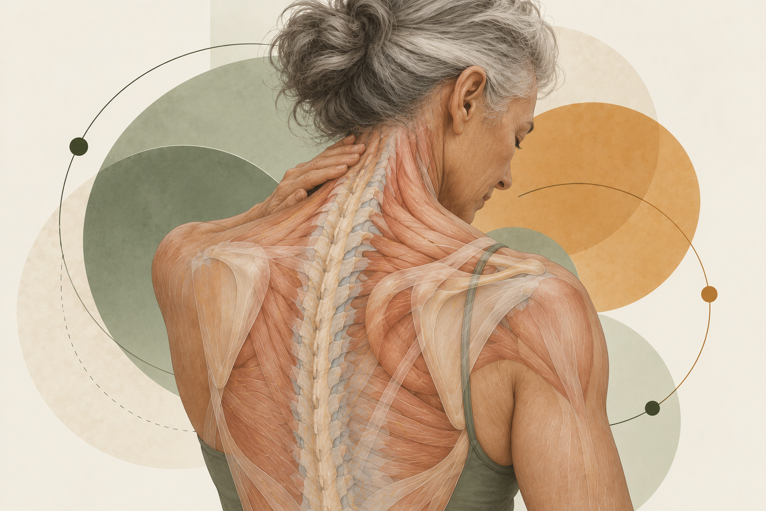 Medical illustration of an older woman showing the spine, shoulder girdle and muscles of the neck and back