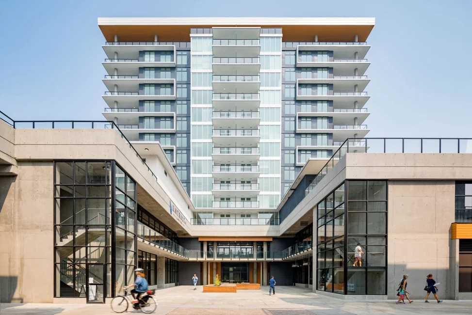 SOPA Square courtyard and second-floor entrance on Pandosy Street in Kelowna