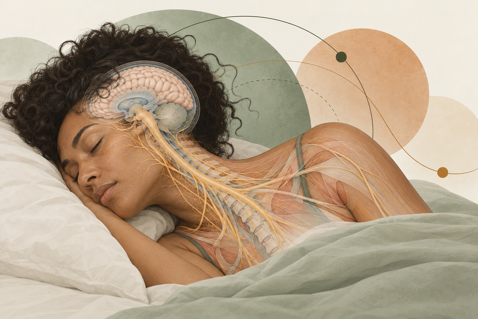Medical illustration of a sleeping woman showing the brain, spinal cord and nervous system