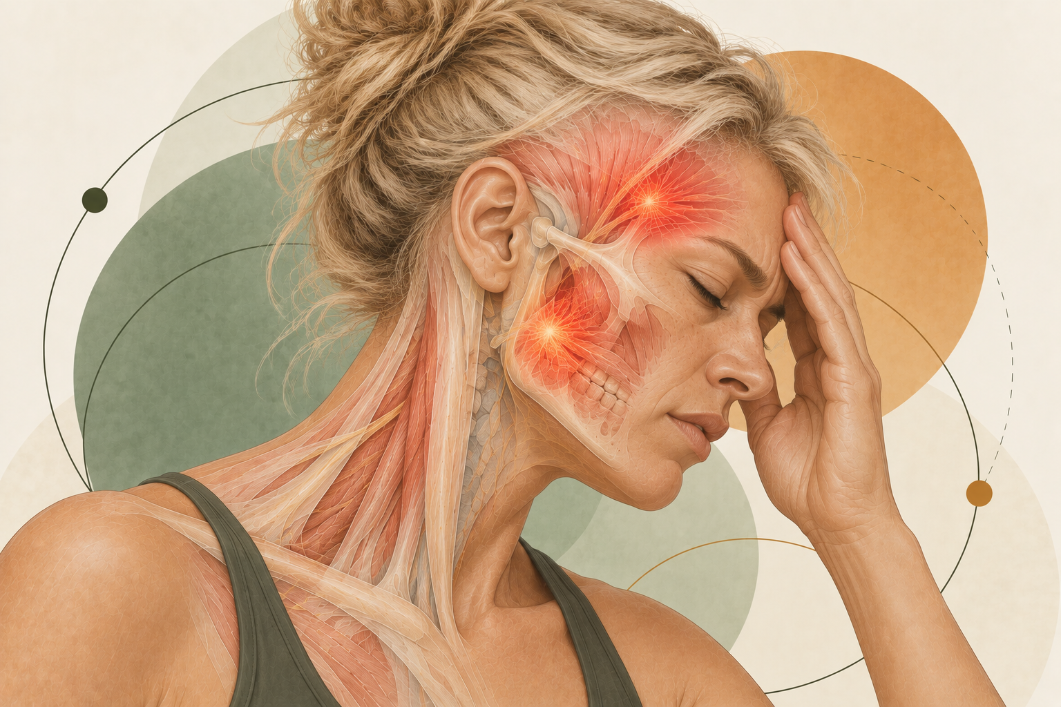 Medical illustration showing the jaw, TMJ, facial muscles and neck anatomy associated with headache and jaw tension