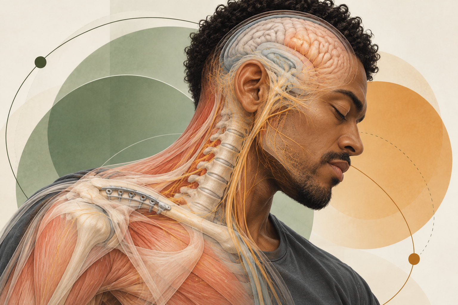 Medical illustration showing brain, cervical spine, nerves and shoulder anatomy during injury and surgical recovery