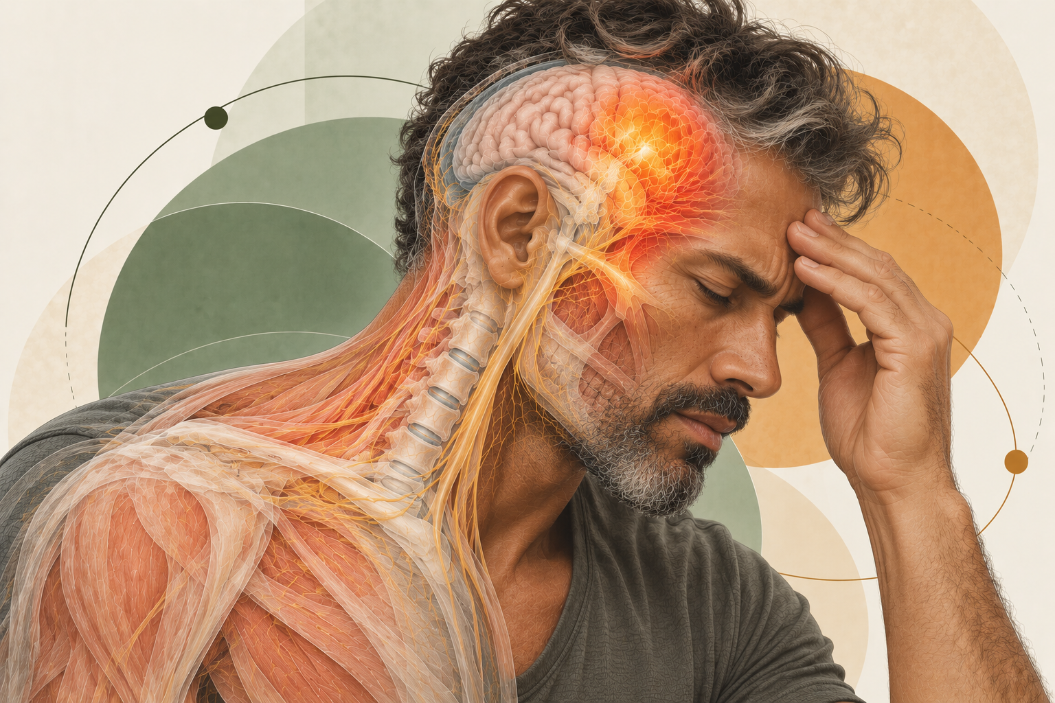Medical illustration of the brain, nervous system and neck anatomy in an adult man experiencing stress