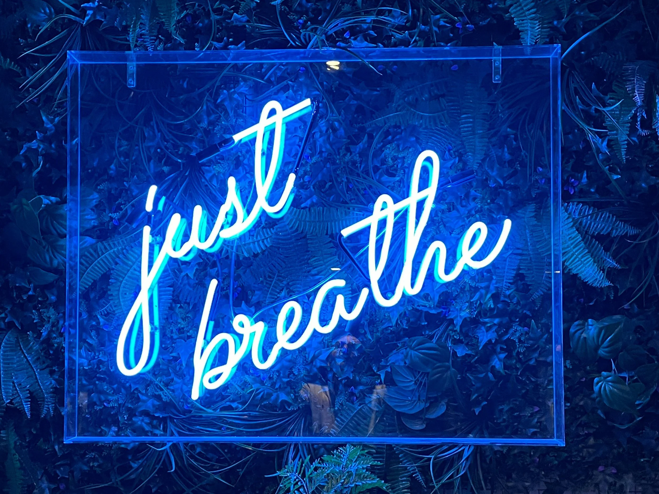 Neon sign reading 'just breathe' in cursive white letters, mounted on a glass panel with lush green foliage background.