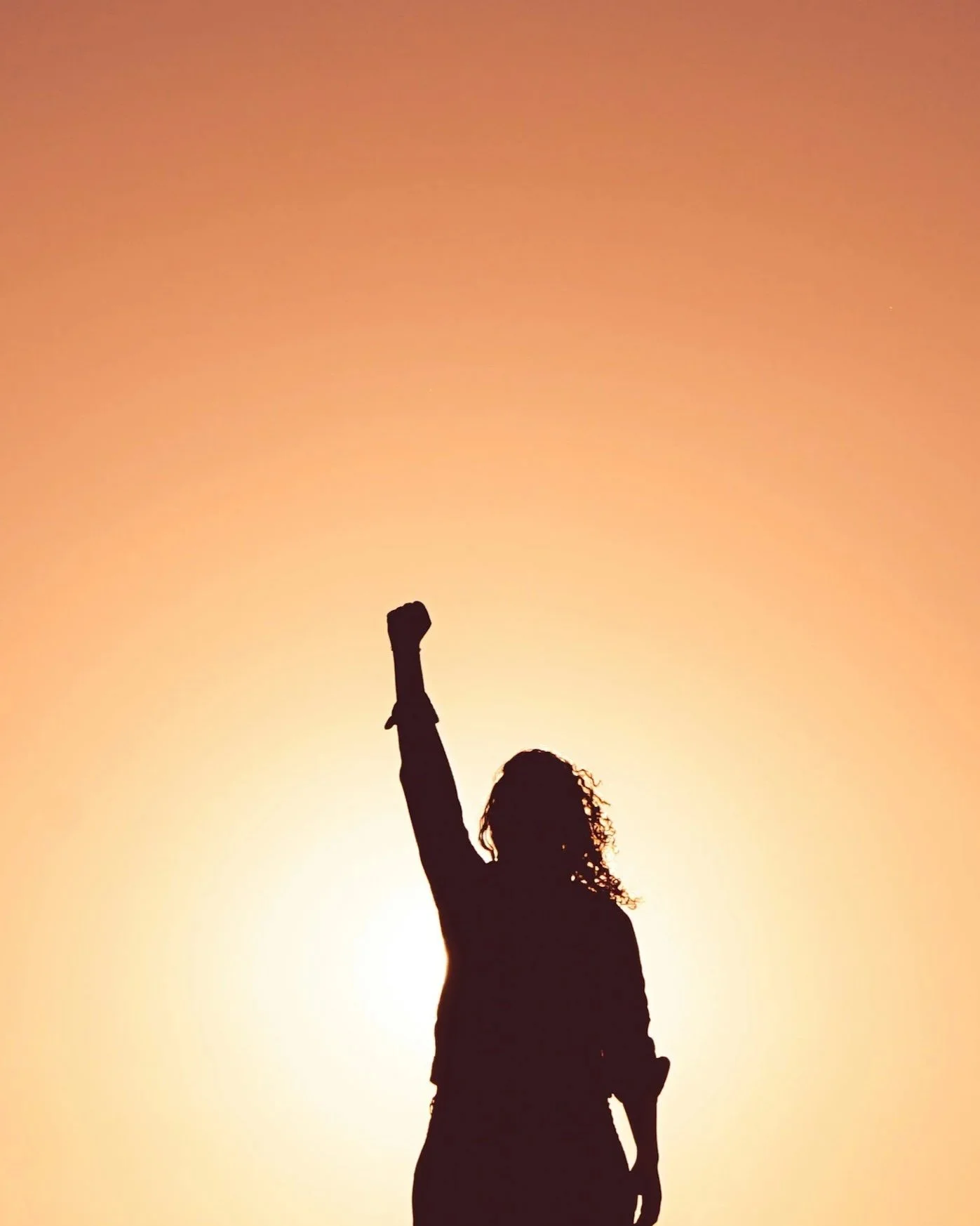 Silhouette of a person with curly hair raising their fist in the air, standing against a sunset sky.