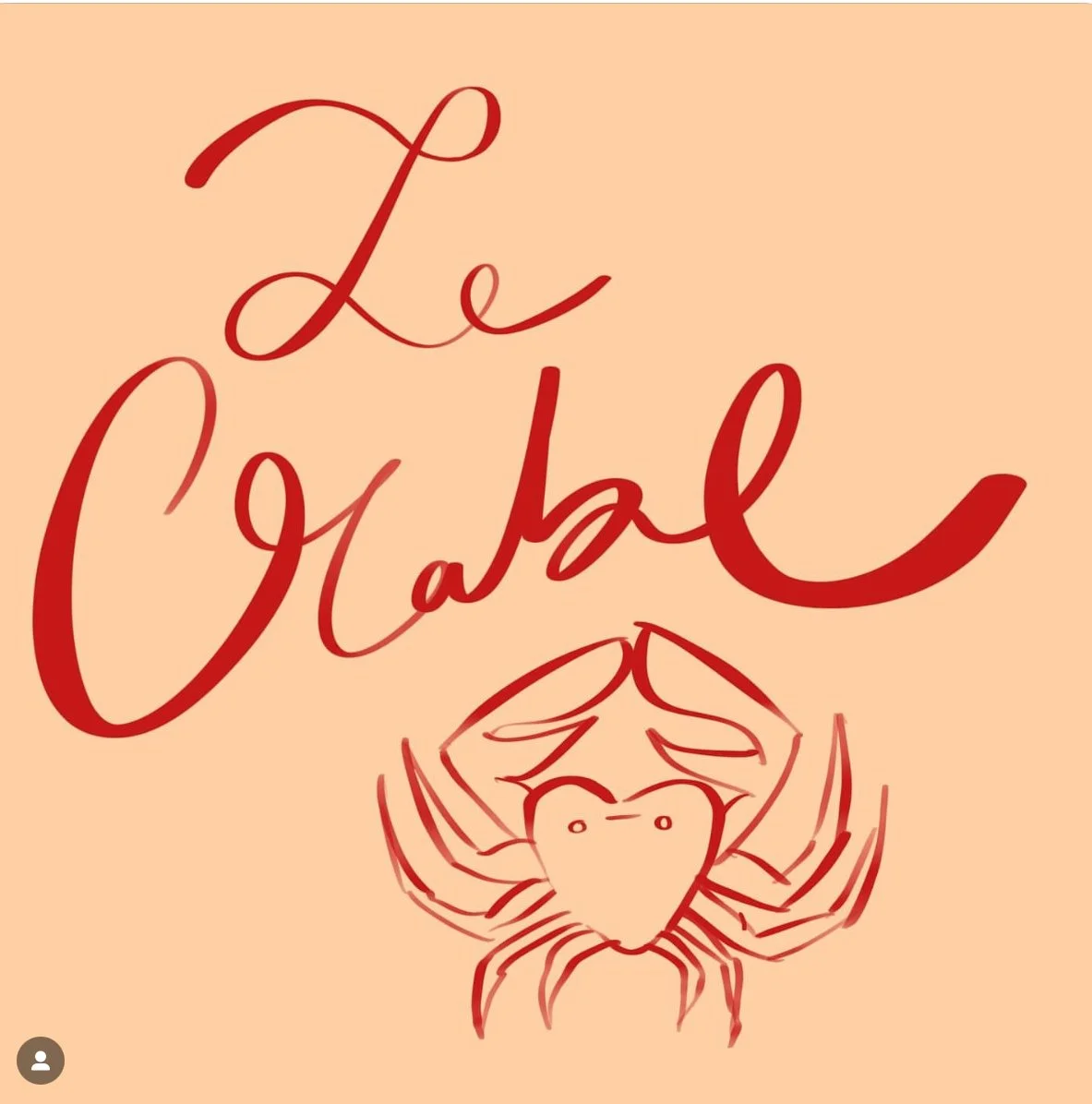 The image features the text "Le Crabe" in red, stylized cursive font with a drawing of a crab with a heart-shaped face and expressive eyes below the text, all set against a light peach background.