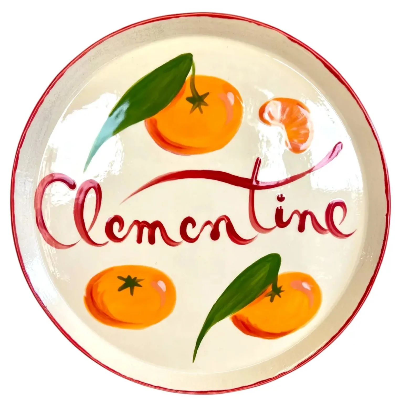 Decorative plate with the word 'Clémentine' written in French, surrounded by illustrations of oranges and clementines and satsumas.