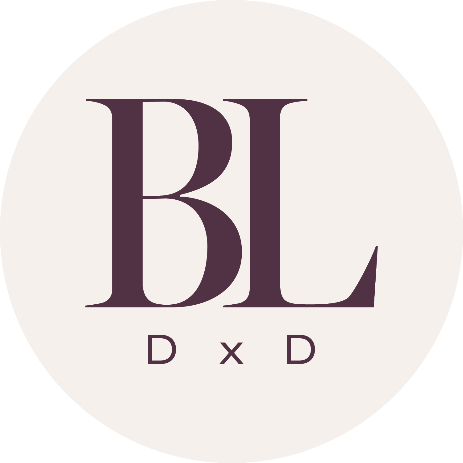 Minimalist logo for Bricklane Design and Development featuring large serif letters ‘BL’ with ‘DxD’ below on a soft pink circular background.