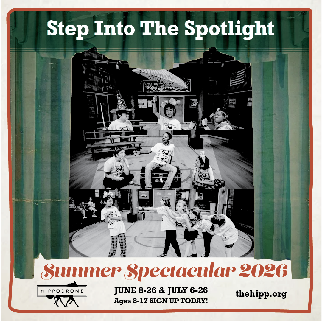A photo ad for the Hippodrome's Summer Specatacular 2026 - featuring kids acting and performing on stage while smiling and laughing.