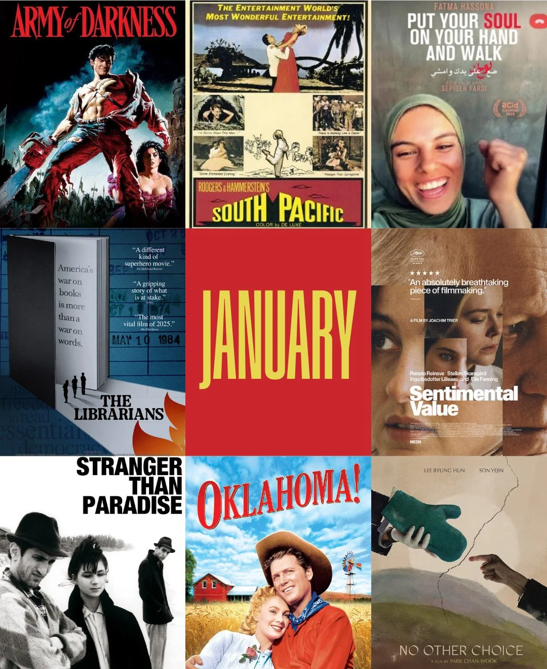 A graphic showing images of the movies that the Cinema is playing in January 2026. Movies are listed below.